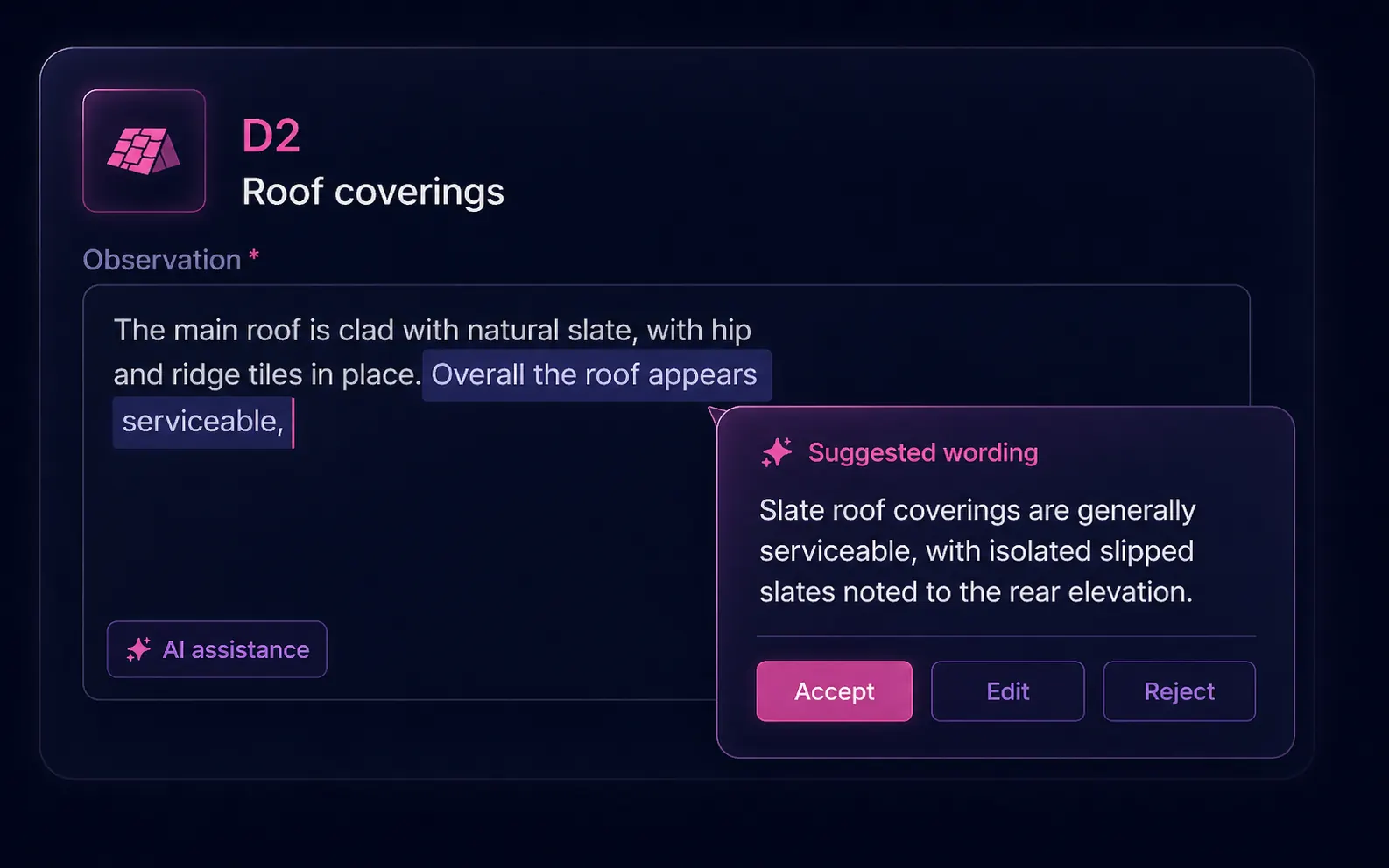 AI suggestion popover beside a D2 Roof coverings field — selected text highlighted, the popover offers a polished alternative wording with Accept, Edit, Reject buttons