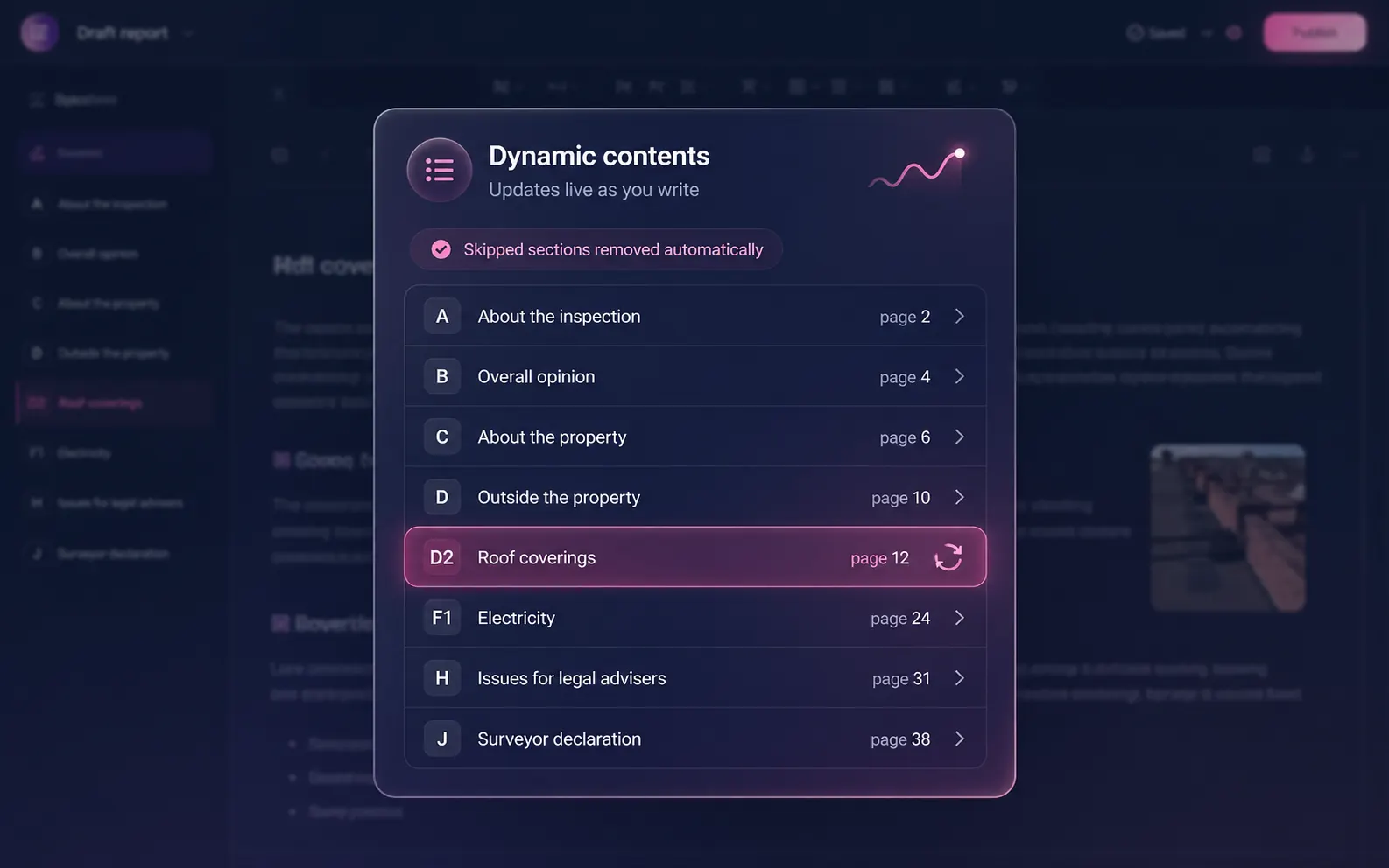 Dynamic contents builder — table of contents updating live as you write, showing About the inspection (page 2), Overall opinion (page 4), D2 Roof coverings (page 12), F1 Electricity (page 24), Issues for legal advisers (page 31), with 'Skipped sections removed automatically' badge