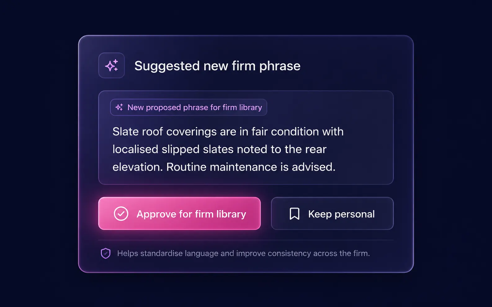 Suggested new firm phrase card — 'Slate roof coverings are in fair condition with localised slipped slates noted to the rear elevation. Routine maintenance is advised.' with two action buttons: Approve for firm library, Keep personal