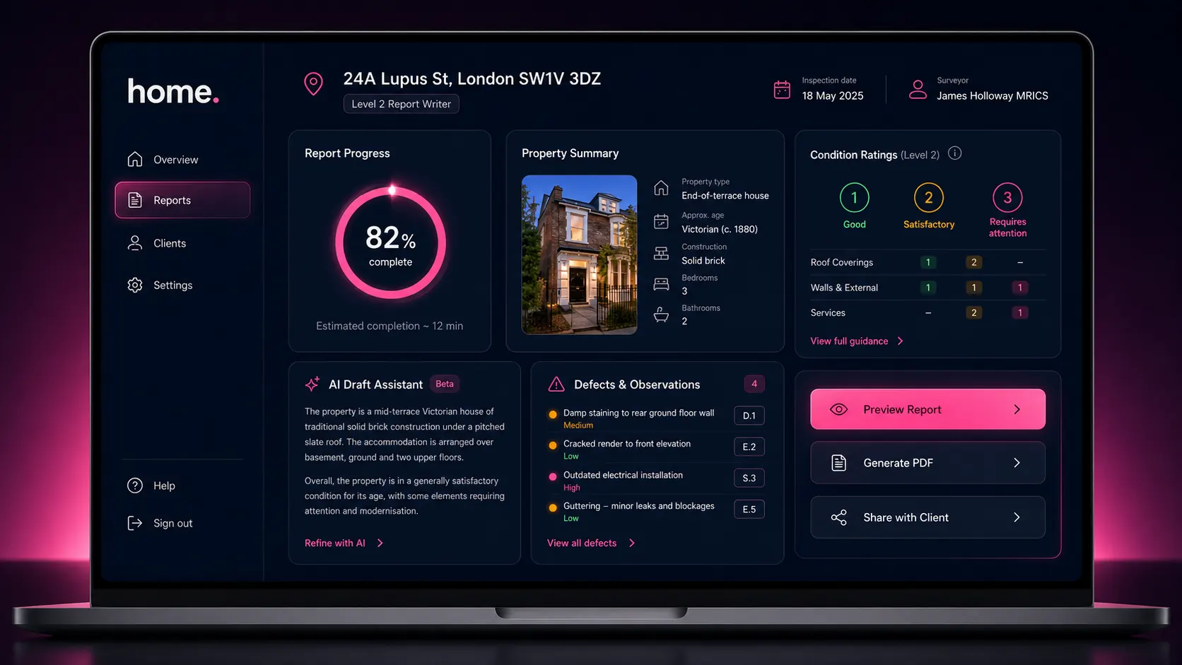 Level 2 report dashboard for 24A Lupus St, London — 82% complete, property summary, condition ratings overview and AI draft assistant panel