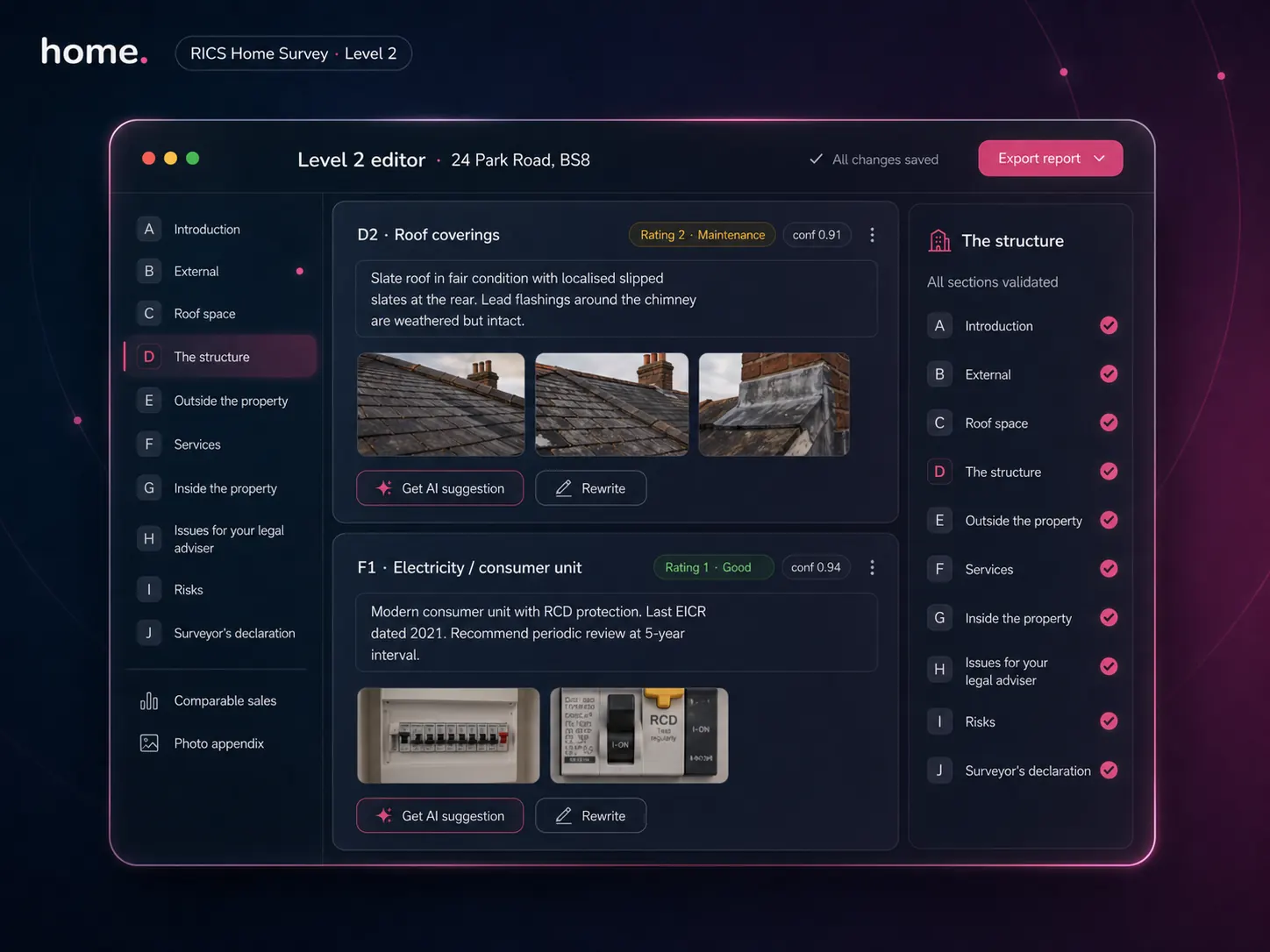 Level 2 editor for 24 Park Road, BS8 — D2 Roof coverings open with rating dropdown, three roof photos, F1 Electricity consumer unit photo, structure outline on the right