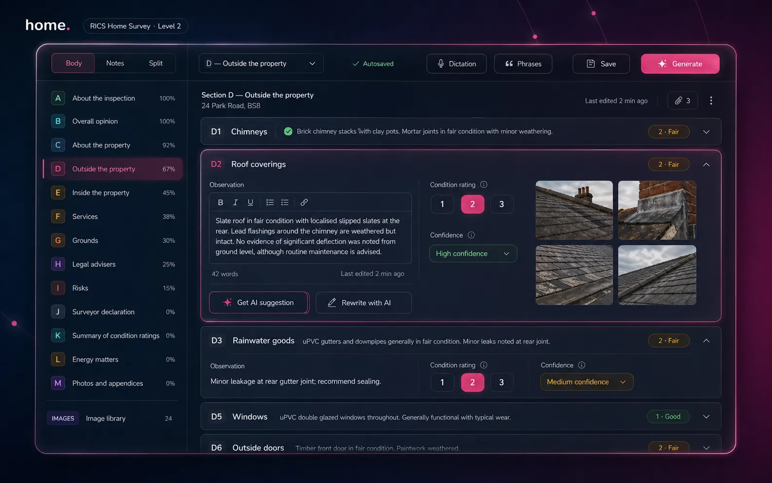 RICS Level 2 editor — Section D Outside the property open with D2 Roof coverings showing observation, condition rating dropdown (1/2/3), confidence indicator and three roof photos