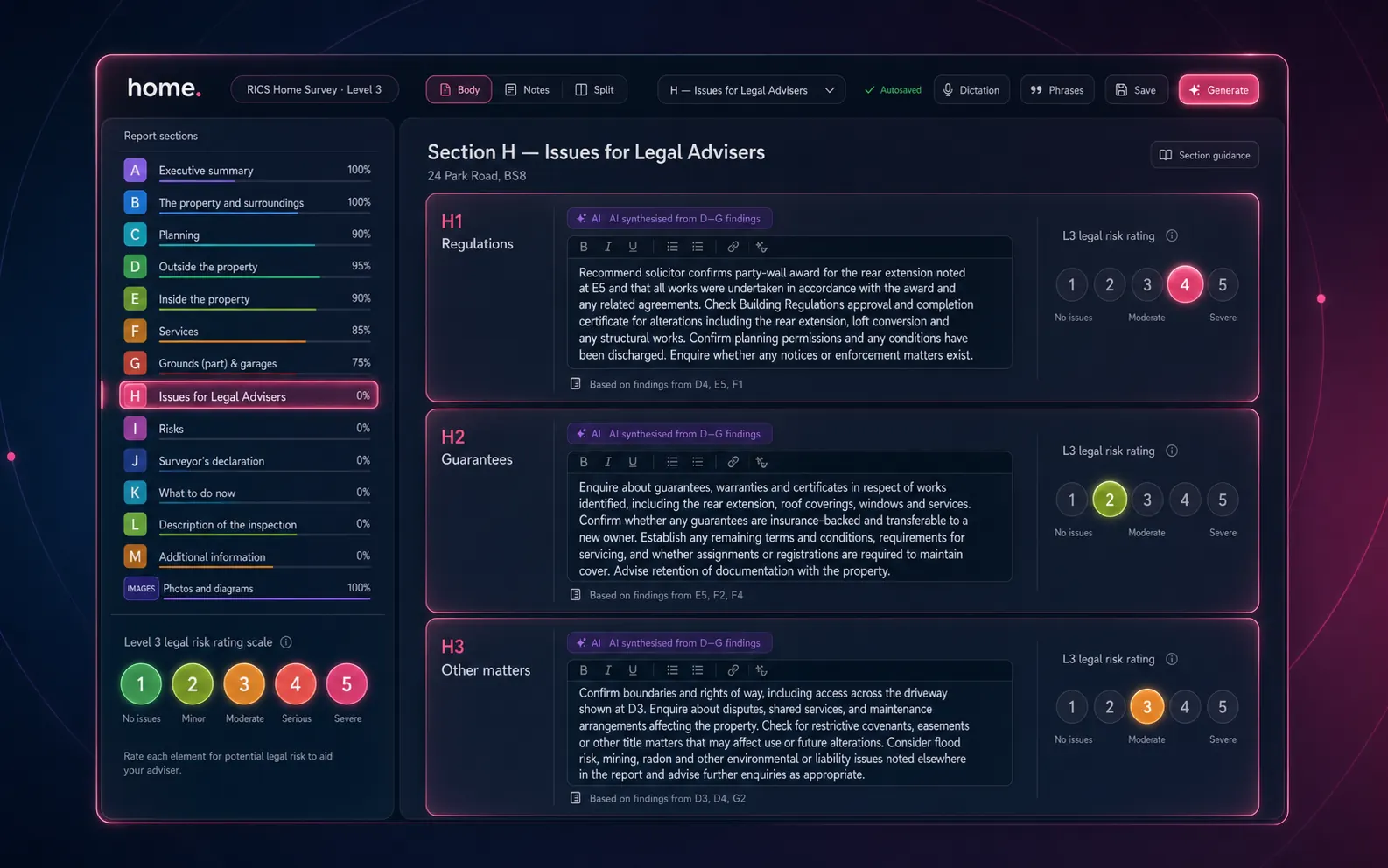 Level 3 Building Survey editor showing Section H Issues for Legal Advisers, with H1 Regulations, H2 Guarantees and H3 Other matters auto-populated, plus an L3 logic risk rating dial