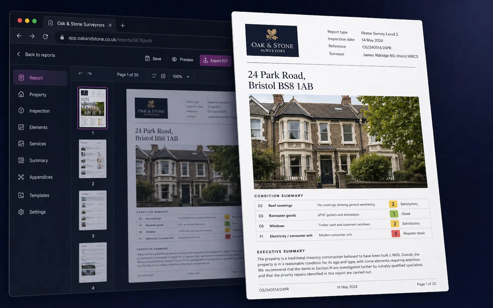 Browser editor with the firm-branded PDF popping forward — Oak & Stone Surveyors Home Survey Level 2 cover page for 24 Park Road Bristol BS8 1AB, with property image, condition summary table and executive summary