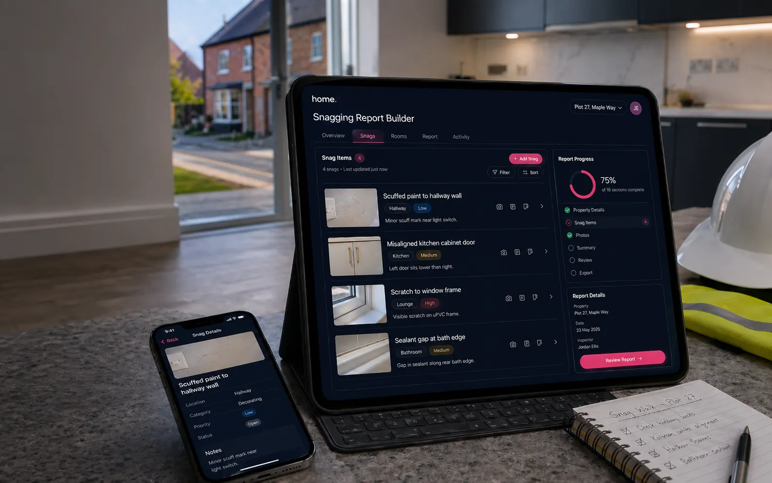 Snagging Report Builder on a tablet — Plot 27 Maple Way with snag items list, scuffed paint hallway, misaligned kitchen cabinet, scratch to window frame, sealant gap at bath edge — phone showing snag detail next to it