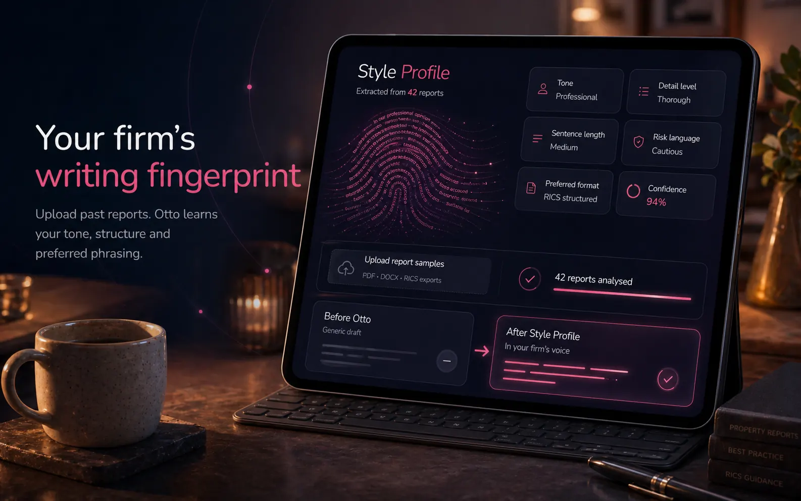 Style Profile dashboard on a tablet — Your firm's writing fingerprint extracted from 42 reports, with tone (professional), detail level (thorough), sentence length (medium), risk language (cautious), preferred format (RICS structured) and 94% confidence; before-and-after example showing generic draft vs firm-voice draft
